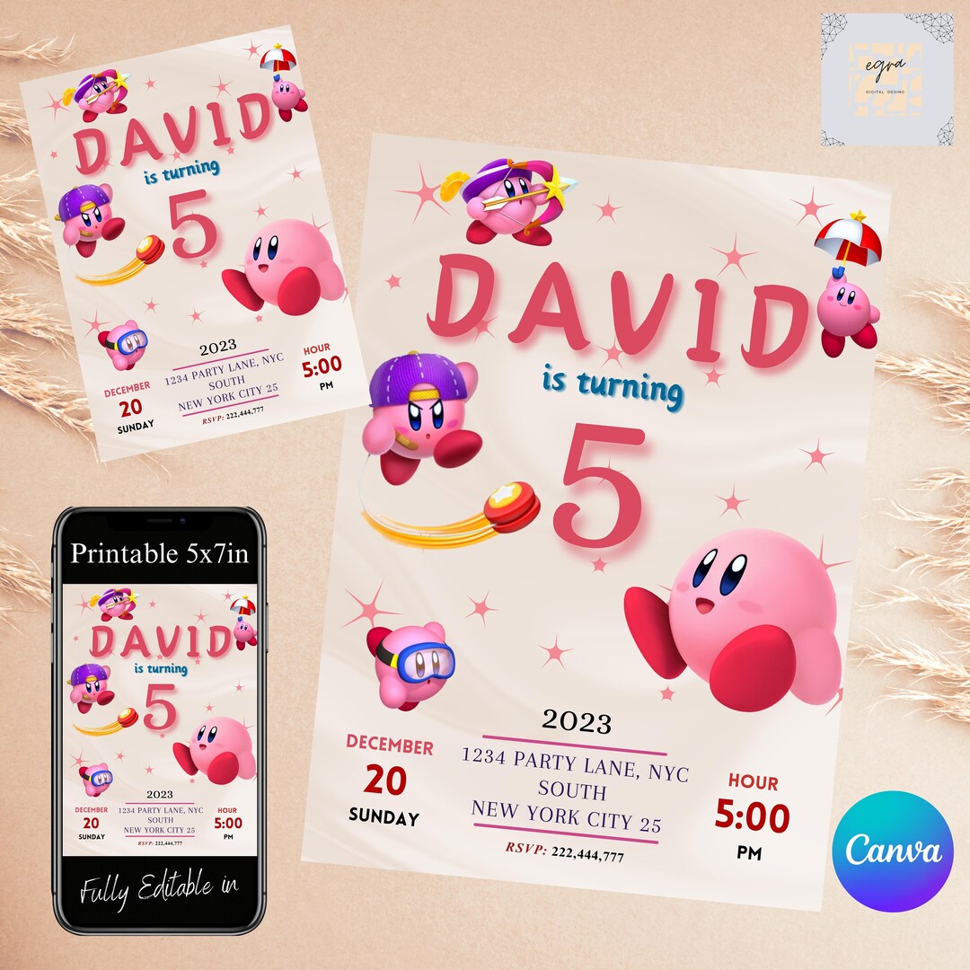 Editable Kirby Birthday Invitation Template Printable Etsy