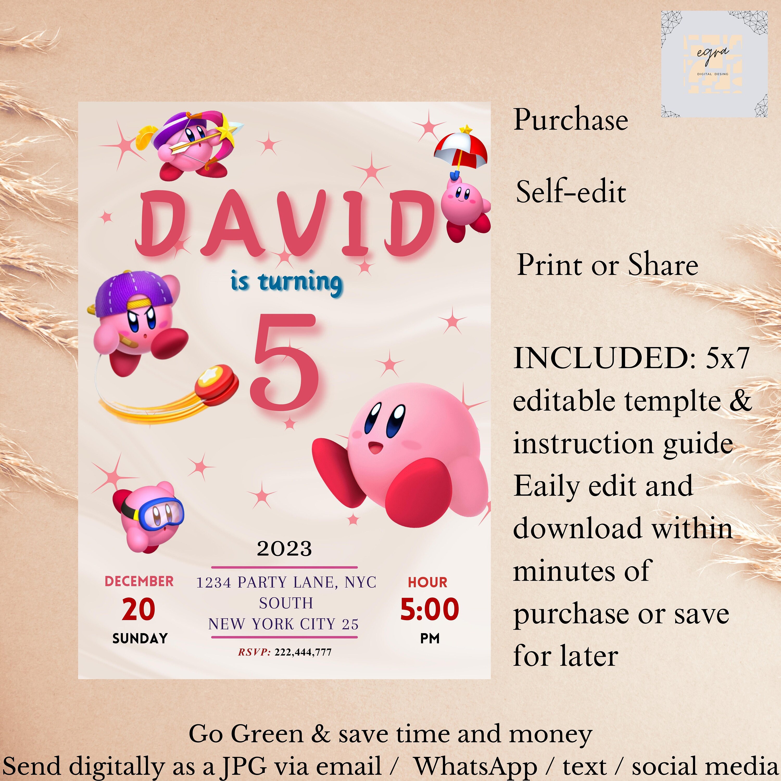 Editable Kirby Birthday Invitation Template Printable - Etsy