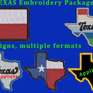 May include: Five embroidery designs of the state of Texas. The designs include a traditional Texas flag, a Texas outline with the word "Texas" in a script font, a Texas outline with the word "Texas" in a script font and the word "Applique" below, a Texas outline with the Texas flag inside, and a black Texas outline with the word "Applique" in a green script font.