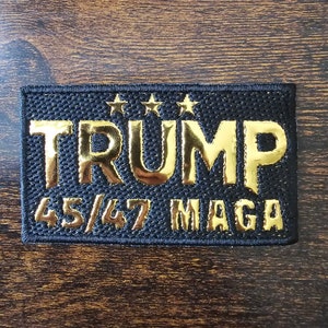 Donald Trump iron-on patchs with MAGA and 45/47 in gold or white letters.  Great gift for Trump fans