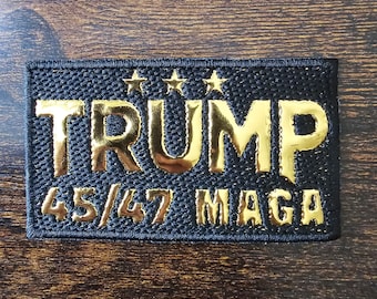Donald Trump iron-on patchs with MAGA and 45/47 in gold or white letters.  Great gift for Trump fans