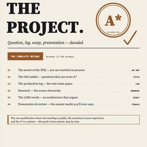 May include: A beige educational document titled THE PROJECT. with black text and brown accents. It outlines an AQA A* EPQ method, listing six steps from question to presentation, and includes a summary of UCAS points and word counts at the bottom.