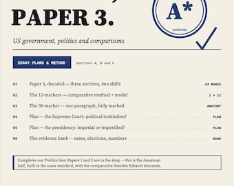 A LEVEL POLITICs Paper 3 USA Revision | Edexcel US Government Essay Plans + Comparative Method | A* 30 Markers | Instant Download pdf