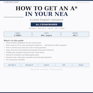 Op de afbeelding: Een digitale studiegids getiteld How to Get an A* in Your NEA voor A Level Engelse literatuur. Het bevat 5 PDF's, 60+ pagina's en behandelt alle 5 examencommissies: AQA Spec A, AQA Spec B, Edexcel, OCR en Eduqas, inclusief beoordelingsschema's.