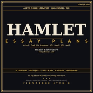 Puede incluir: Una portada de documento digital negra titulada HAMLET ESSAY PLANS de William Shakespeare. Presenta texto dorado que detalla recursos de literatura inglesa de nivel A, incluyendo 10 planes de ensayo, citas, contexto AO3, críticos AO5 y consejos de examinadores para AQA, Edexcel y OCR.