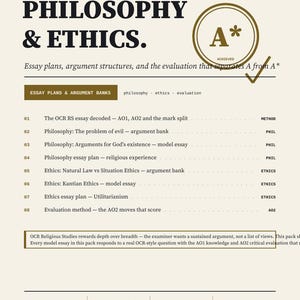 May include: A beige educational document titled Philosophy & Ethics for A-Level OCR Religious Studies. It features a list of eight essay plans and argument banks, an A* achievement badge, and a summary of content including model essays and evaluation methods.