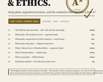A Level Religious Studies OCR Revision | Philosophy & Ethics Essay Plans | Model Essays AO2 Method | Grade A* | Instant Download pdf
