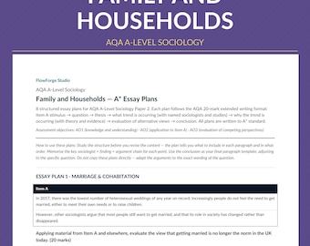 FAMILY AND HOUSEHOLDS sociology revision essay plans, aqa A Level. A* Achieved, X8 20 markers