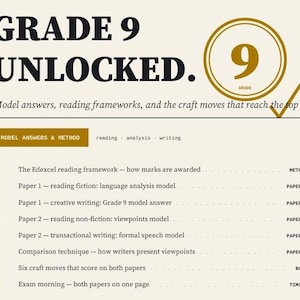 Könnte beinhalten: Ein Dokument mit dem Titel GRADE 9 UNLOCKED und einem goldenen Kreis mit der Zahl 9. Es listet acht Bildungsthemen auf, darunter Edexcel-Leserahmen, Sprachanalysemodelle, kreatives Schreiben und Prüfungstechniken für Englisch-Arbeiten.