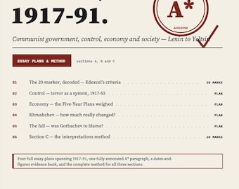 A LEVEL HISTORY Russia Revision | Edexcel 1917-91 Essay Plans + Interpretations | A* 20 Markers Lenin to Yeltsin | Instant Download pdf