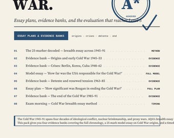 A Level History AQA Revision | The Cold War 1945-91 | 25-Mark Essay Plans Evidence Banks | Model Essay + AO3 | Instant Download pdf