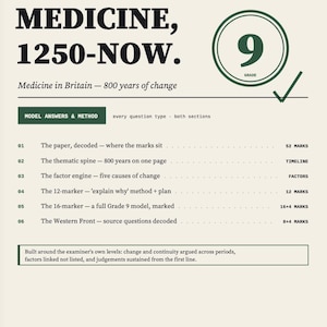 Pode incluir: Um guia de estudo educativo de cor creme intitulado Medicine, 1250-Now. O documento descreve um estudo temático de história GCSE para Edexcel 1HI0/11, com um indicador de nota 9, seis métodos de resposta e um resumo do conteúdo do exame.