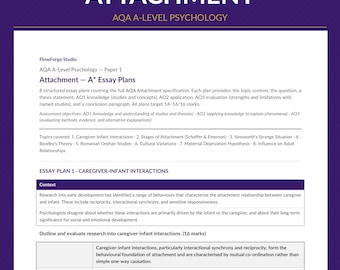 Planes de revisión para ensayos de psicología sobre el tema del apego, nivel AQA. Calificación A* obtenida, X8, 16 puntos.