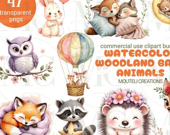 Watercolor Woodland Baby Animals Clipart Bundle/Cute Bunny/Deer/Fox/BearOwl/Raccoon PNG/Nursery Wall Art/Baby Shower/Scrapbook/Sublimation