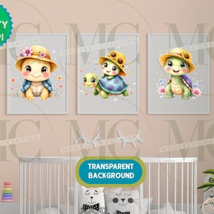 15 Cute Watercolor Baby Turtle Clipart with Sun Hat and Flowers/Baby Turtle PNG Transparent  Background/Adorable Animal Art for Sublimation