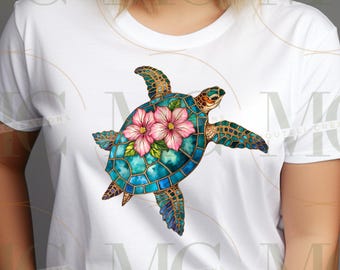 Tropical Turtle Stained Glass 20 PNG Bundle/Watercolor Sea Turtle Clipart/Coastal Sublimation Design/Cute Sea Turtle Floral Digital Download