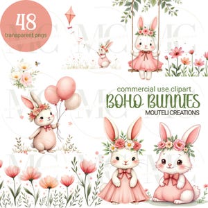 Adorable Bunny Watercolor Clipart Bundle/Floral Rabbits/Baby Shower PNG/Cute Animal Illustration Set/Nursery Decor/Transparent Background