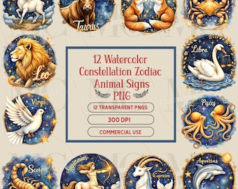 12 Zodiac Constellation Animal Clipart Bundle/Watercolor Zodiac Signs PNG/Celestial Astrology Clipart/Starry Art/Transparent Background