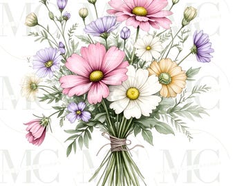 Watercolor Wildflower Bouquet Clipart Bundle/20 Floral PNGs/Botanical Flower Art/Wedding Invitation/Rustic Cottagecore Clipart/Junk Journal