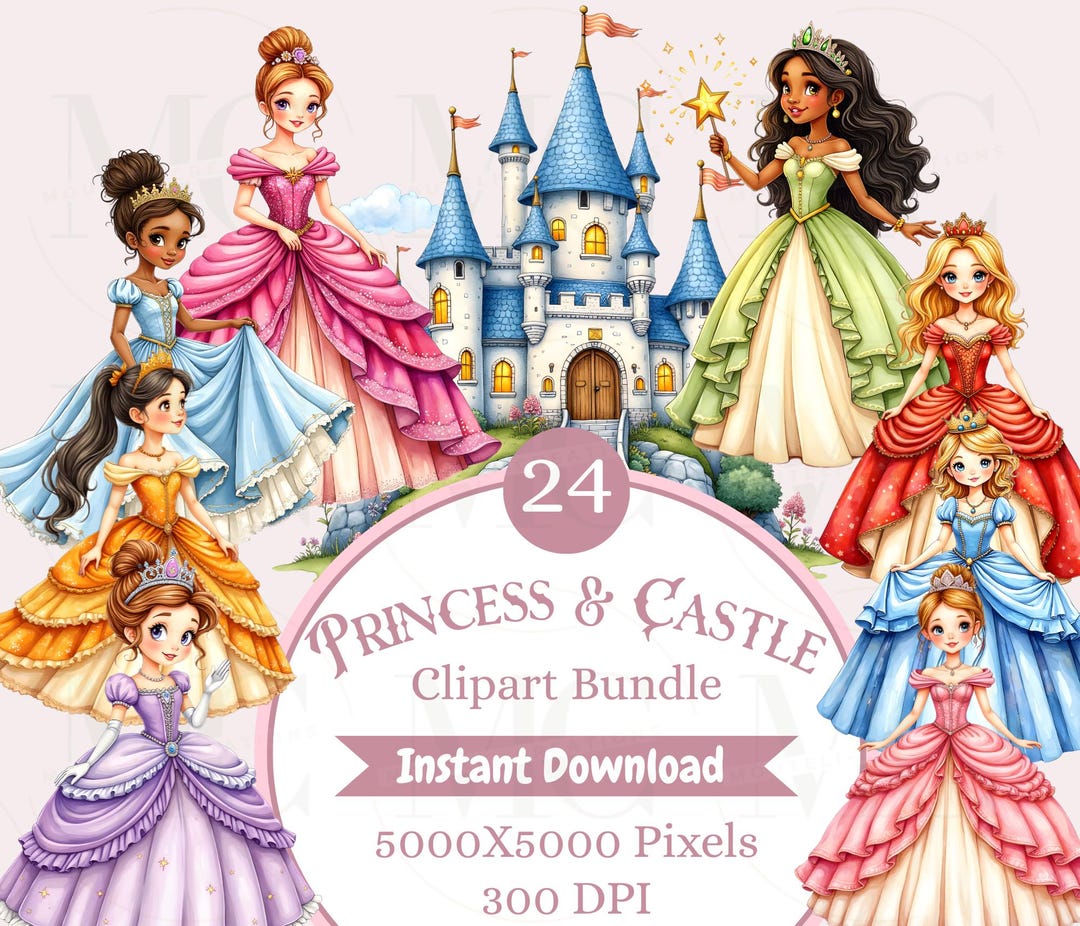 Watercolor Princess and Castle Clipart Bundle/24 Fairy Tale Princesses ...