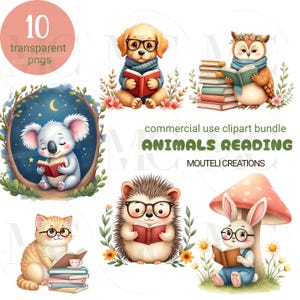 Animals Reading Books Clipart Bundle PNG/Cute Watercolor Woodland & Farm Animals/Sublimation/Stickers/Scrapbook/Digital Download/Booklover