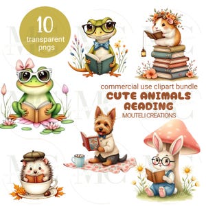 Cozy Animal Friends Reading Books Clipart/Cute Woodland Animals PNG Bundle/Book Lover Watercolor Art/Autumn Book Reading Digital Download