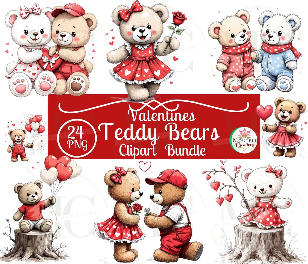 Valentine Teddy Bear Clipart Bundle/cute Bear Couple Png/love Clip Art ...