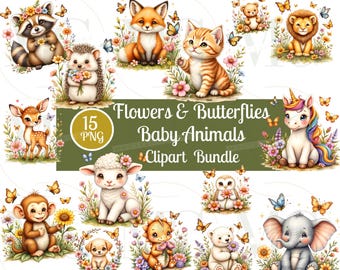 Butterfly Floral Baby Animals Clipart Bundle/Cute Watercolor Baby Animals PNG/Nursery Animal Stickers/Pastel Cute Animals/Commercial Use