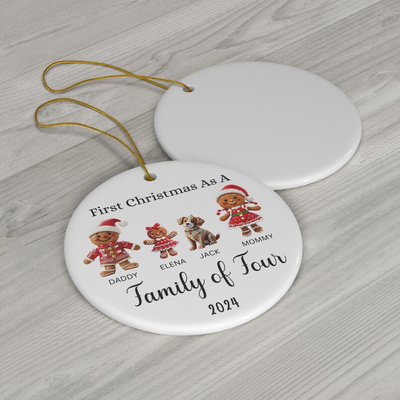 Personalized Gingerbread Family of Four Christmas Ornament With A Dog