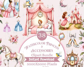 May include: Watercolor princess and accessories clipart bundle. The image features a princess theme with a pink and white color scheme. Includes a princess, dresses, a castle, a horse, a carriage, and other accessories. The text says "Instant Download".