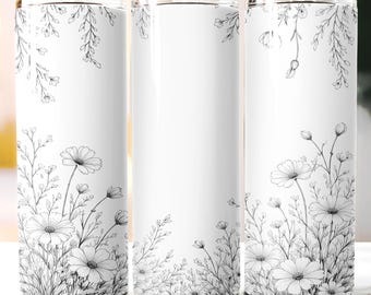 Gobelet d'emballage de fleurs sauvages noir et blanc PNG, dessin au trait floral sans couture, fichier pour sublimation botanique 20 oz Skinny droit fuselé