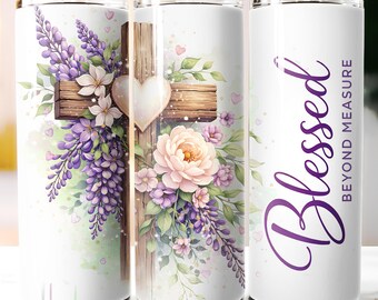 Wrap gobelet au-delà de la mesure béni PNG, croix florale chrétienne 20 oz skinny, Design sublimation foi, glycine violette citation Bible tasse Wrap
