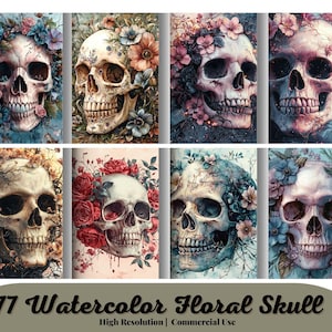 Aquarell Blumenschädel Papier, Floral Schädel Clip Art Bundle, Gothic Clipart, Fantasy Clip Art, Hexe PNG, Wicca Clipart, Schädel PNG