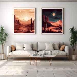Ein Landschaftsdruck durch die moderne Wüste. Kaktus Wandkunst, 2 Boho Sonne und Mond abstrakte Drucke, Landschaft Dessert Poster, kommerzielle Nutzung