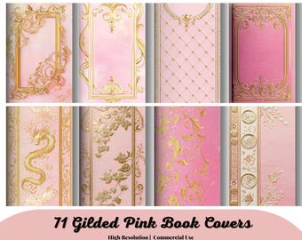 Puede incluir: Colección de 71 portadas de libros rosas doradas con diseños dorados ornamentados. Las portadas presentan varios patrones, incluyendo marcos, motivos florales y un dragón. El texto en la parte inferior dice "71 Gilded Pink Book Covers".