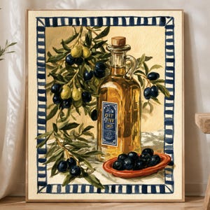 May include: A rectangular painting featuring a glass bottle of golden olive oil with a blue label reading OIT OIVE. The bottle is surrounded by green olive branches with dark and light olives, and a small red dish filled with black olives.