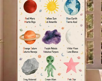 Bilingual Space Colors Poster, Spanish English Color Chart, Outer Space Nursery Wall Art, Kids Learning Decor