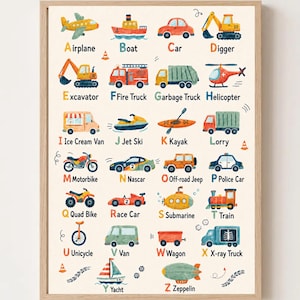 May include: A framed educational poster featuring an alphabet of vehicles, from A for Airplane to Z for Zeppelin. Each letter is paired with a colorful watercolor illustration of a corresponding transport, including a boat, car, digger, and x-ray truck.