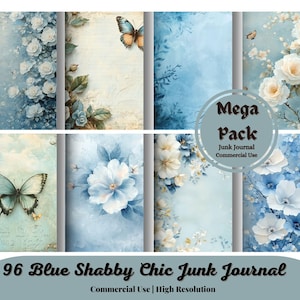Blaues Shabby Chic Junk Journal Papier Pack, Vintage Shabby Chic Ephemera Kit, Romantisches Scrapbook Papier, druckbare Blumen Rosen Digitale Seiten