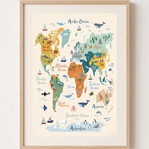 Ocean World Map Poster, Kids Educational Wall Art, Nursery Geography Print, Sea Theme Decor, World Map for Children