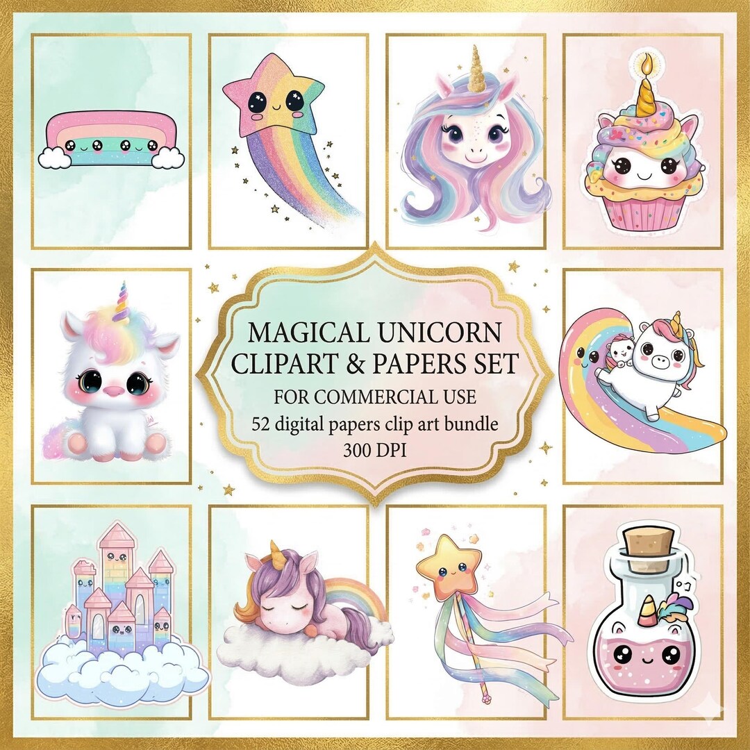 Kawaii Unicorn Magic Clipart Set | Cute Pastel Unicorn Illustrations ...