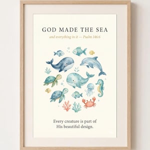 God Made the Sea Nursery Print, Creation Bible Verse Ocean Animals Poster, Christian Kids Wall Art, Sea Creatures Baby Decor
