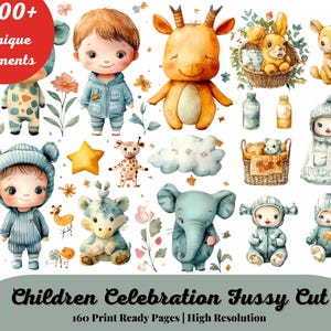 Baby Shower Watercolor Fussy Cut Bundle, Newborn Images, Cute Children Celebration Graphics, Instant Digital Download, Commercial Use