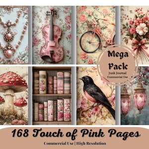 Páginas Touch of Pink para álbumes de recortes y diarios basura, imágenes de acuarela, papel digital, efímeras digitales, rosas, flores, marcos, vintage