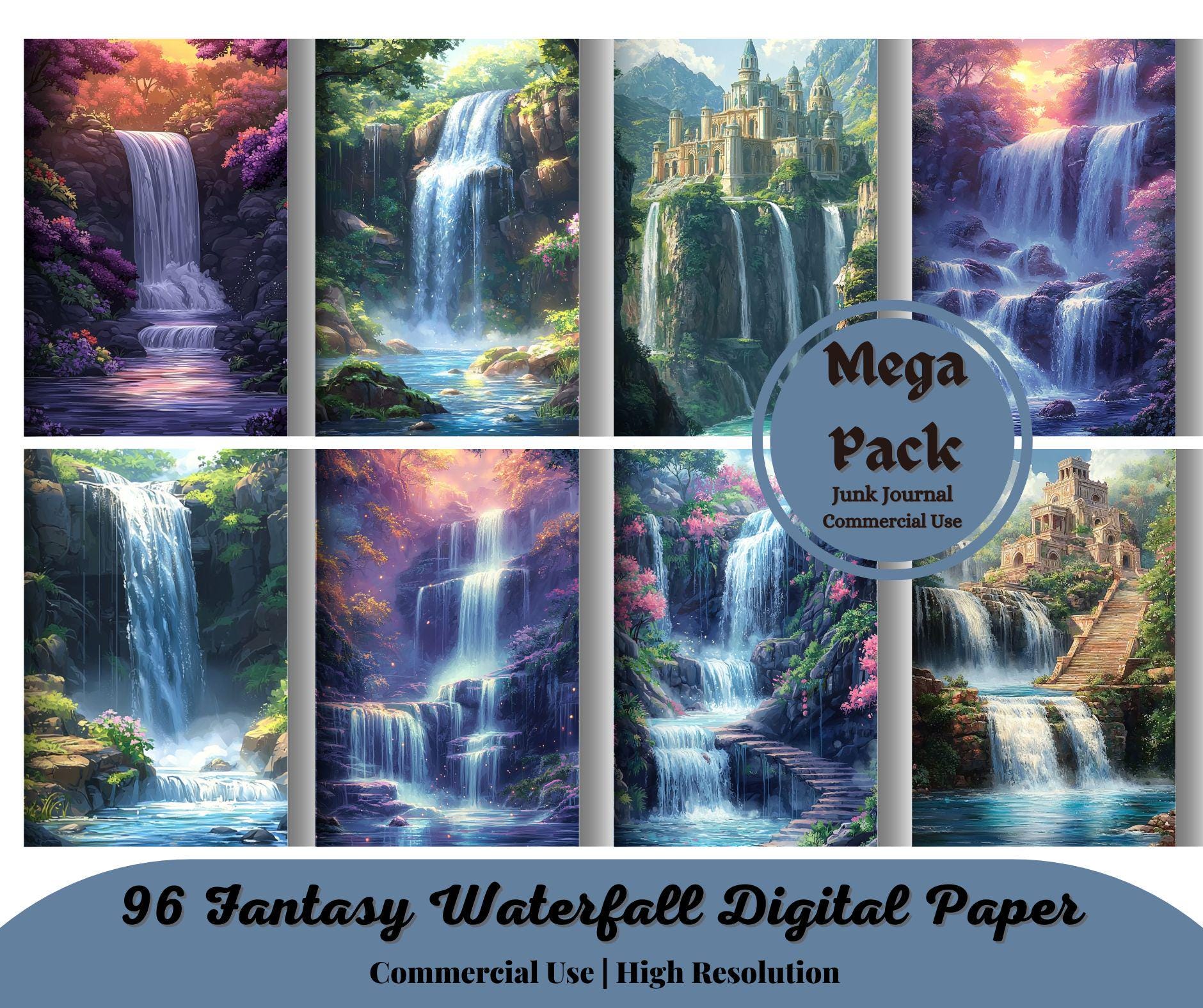 Printable Fantasy Waterfall Digital Paper, Mountain River Background ...