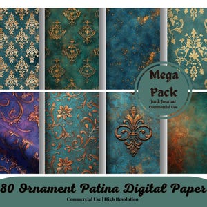 Ornament Patina Digital Paper, Aged Copper backgrounds, patina textures, damask ornament printable scrapbook paper digital instant download