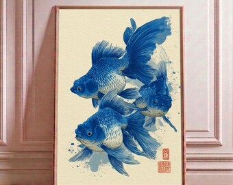 Japanese Goldfish Ink Art Print, Blue Brush Painting Poster, Zen Minimalist Decor, Traditional Asian Fish Wall Art