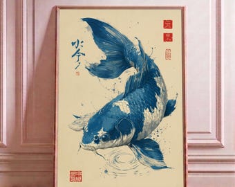 Single Koi Fish Japanese Ink Art Print, Blue Brush Painting Poster, Zen Minimalist Decor, Traditional Asian Wall Art