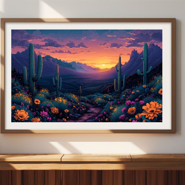 Western Desert Print | Retro Midcentury Poster | Botanical Cactus Modern Decor | Pink Office Bedroom Painting | Vintage Wild West Art DCB