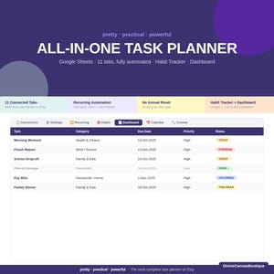 Kalkylblad för personlig uppgiftsspårning • Automatisk Google Sheets-planerare för återkommande uppgifter, vanespårare och daglig instrumentpanel